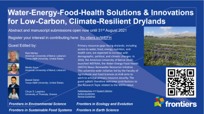 New Research Topic on Frontiers: "Water-Energy-Food-Health Solutions & Innovations for Low-Carbon, Climate-Resilient Drylands"